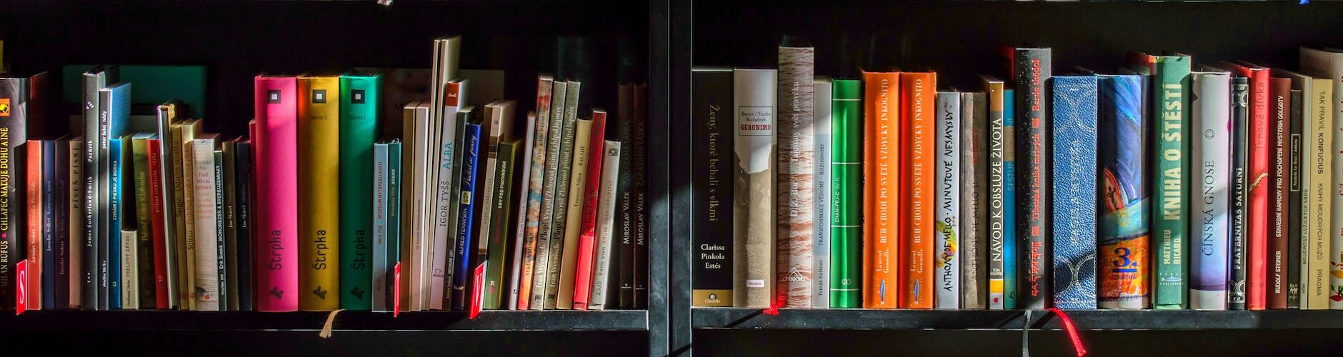 books in black wooden book shelf